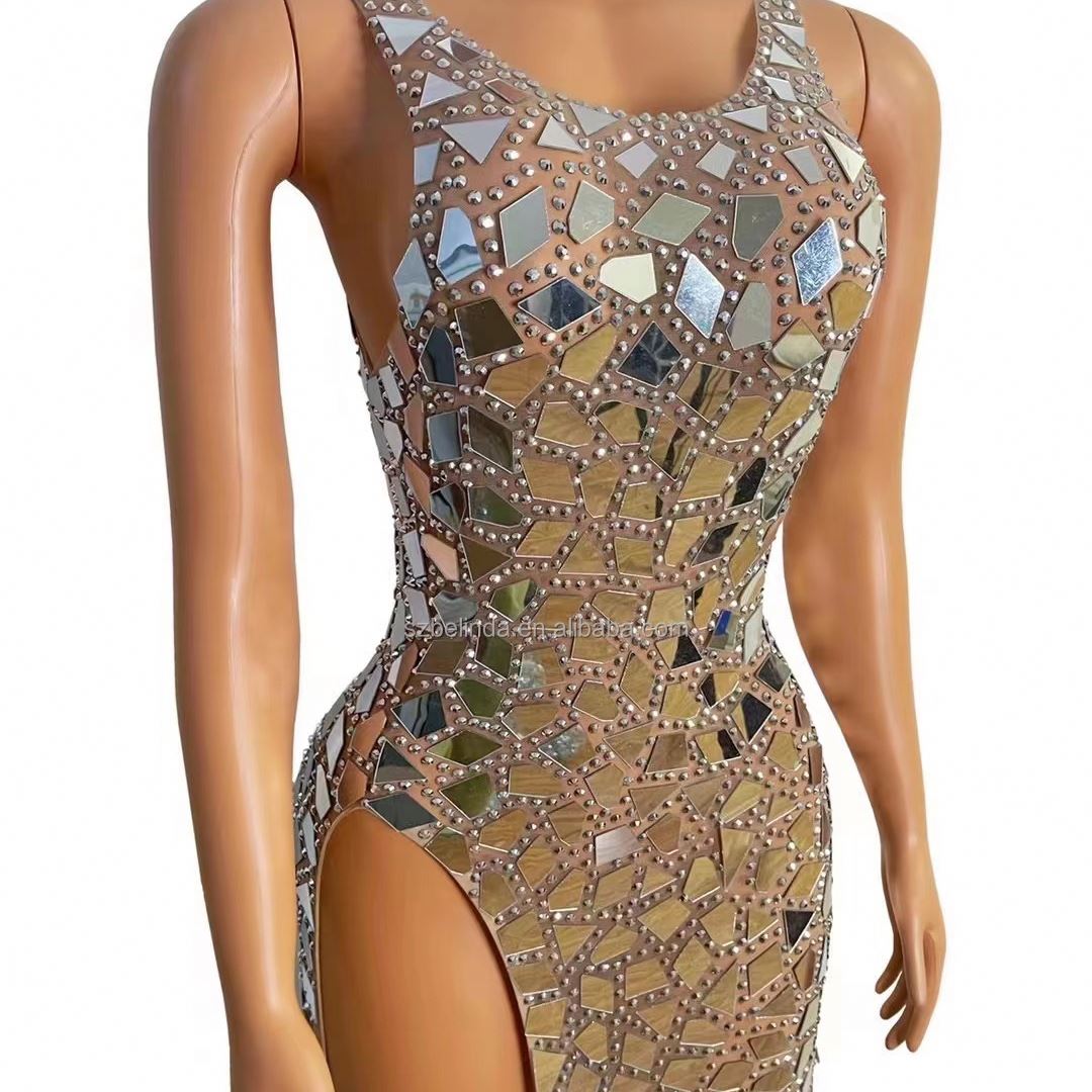 Sparkly Mirror Rhinestone Transparent Split Long Dress Evening Wedding Celebrate Costume Women Birth