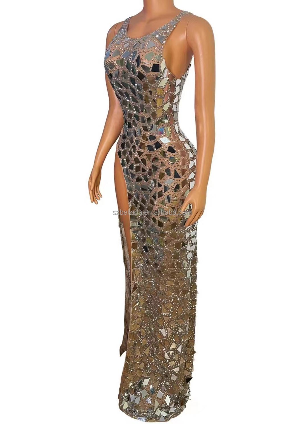 Sparkly Mirror Rhinestone Transparent Split Long Dress Evening Wedding Celebrate Costume Women Birth