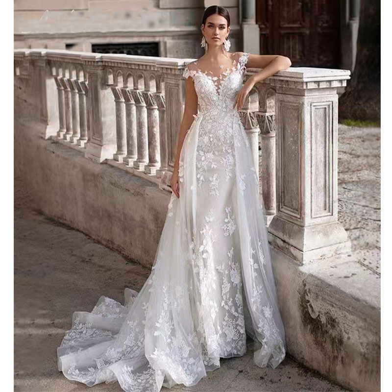 S1317F   2022  New sexy tube top v-neck floating yarn off-shoulder lace mermaid wedding dress bridal