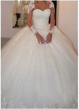 Muslim appliqued beaded lace Puffy ball gown cheap customized white ivory long sleeve wedding dress 