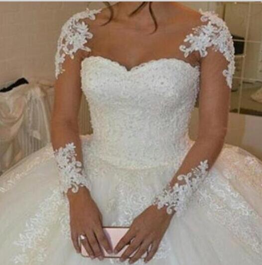 Muslim appliqued beaded lace Puffy ball gown cheap customized white ivory long sleeve wedding dress 