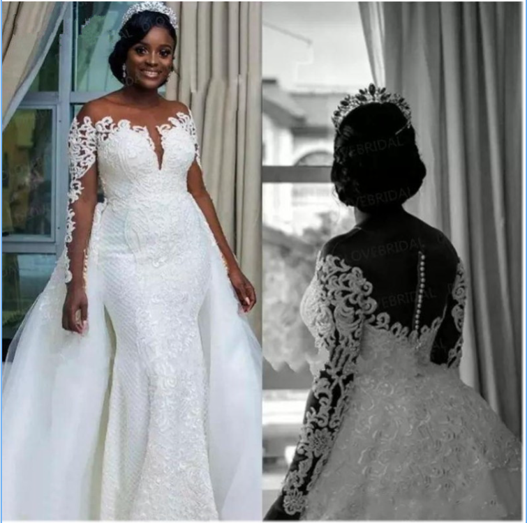 2021 New Luxury Long Sleeve Ball Gown Illusion Top Pearl Beaded Lace  Gown Vestido De Noiva wedding 