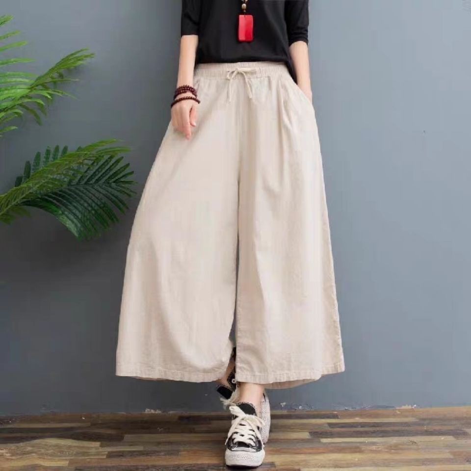 PLUS SIZE 100%Cotton Wide Leg Pants Women's Summer Linen Casual Pants High Waist Loose Pants