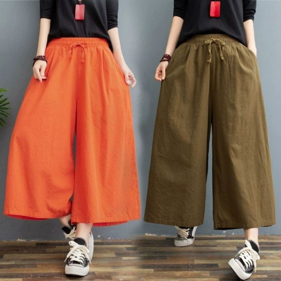 PLUS SIZE 100%Cotton Wide Leg Pants Women's Summer Linen Casual Pants High Waist Loose Pants