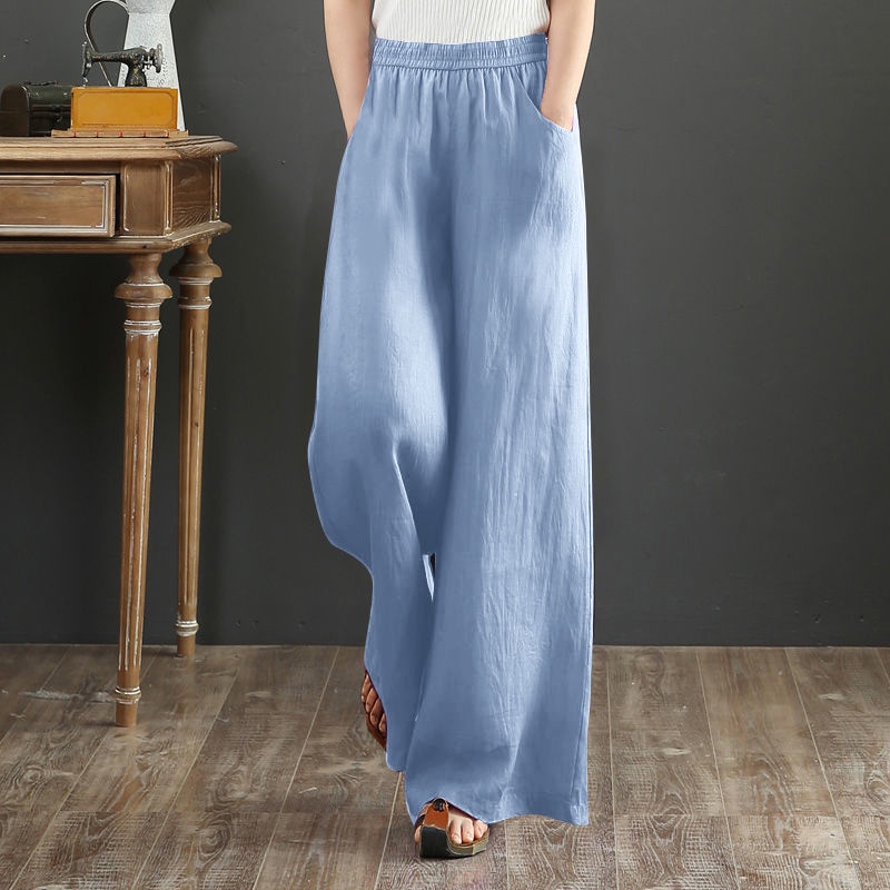 Seluar Linen Perempuan Palazzo Pants Linen Cotton Women Ladies Long Loose High Waist Wide Leg Pants 