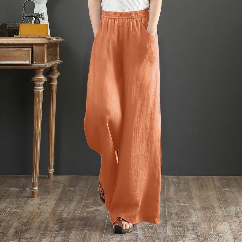 Seluar Linen Perempuan Palazzo Pants Linen Cotton Women Ladies Long Loose High Waist Wide Leg Pants 