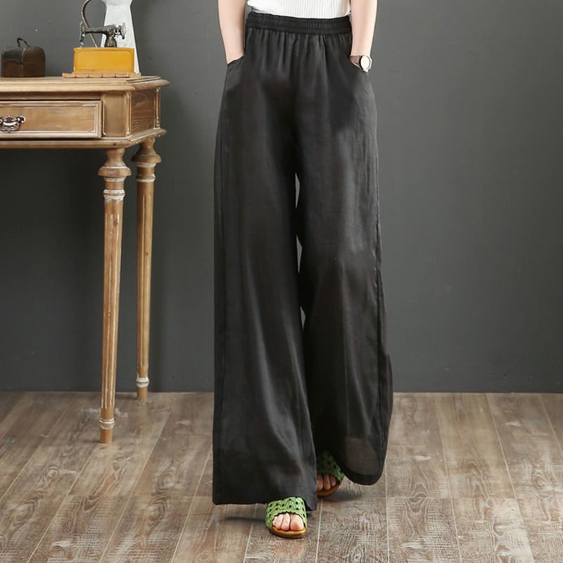 Seluar Linen Perempuan Palazzo Pants Linen Cotton Women Ladies Long Loose High Waist Wide Leg Pants 