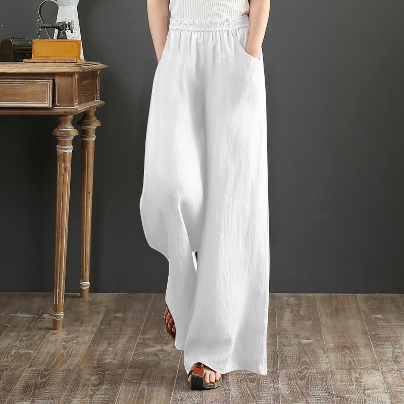 Seluar Linen Perempuan Palazzo Pants Linen Cotton Women Ladies Long Loose High Waist Wide Leg Pants 