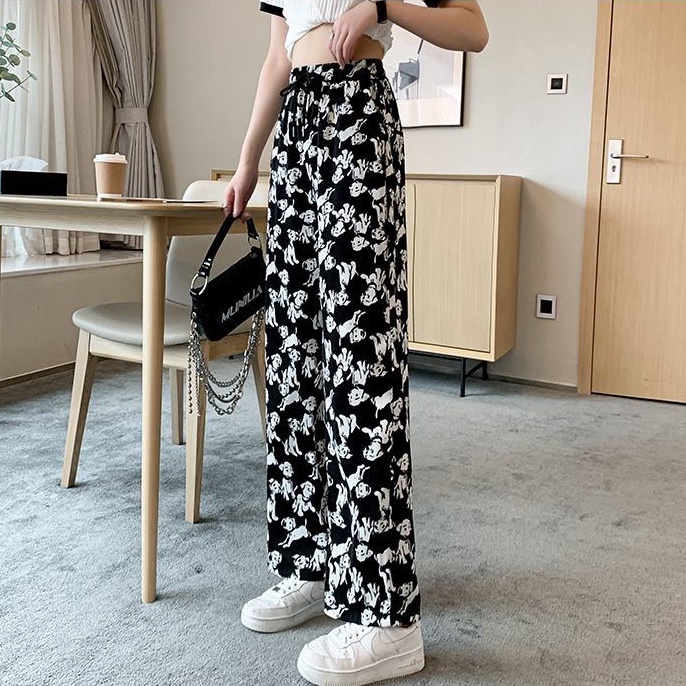summer new korean style wide leg pants women  casual  long pants  loose leg straight pants elastic w