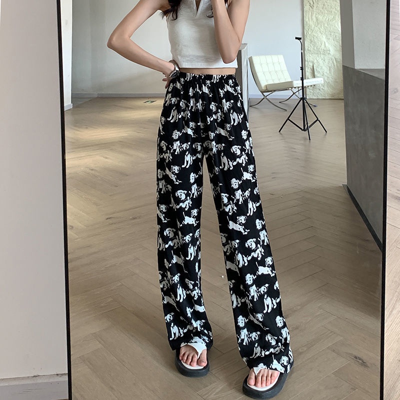 summer new korean style wide leg pants women  casual  long pants  loose leg straight pants elastic w