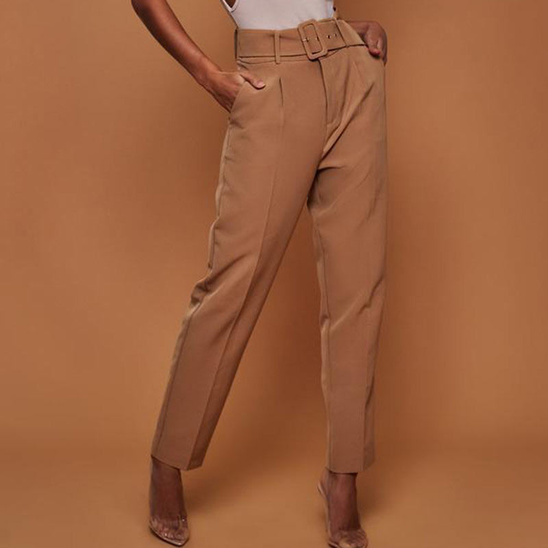 High Waist Belted Straight Leg Slacks For Ladies W