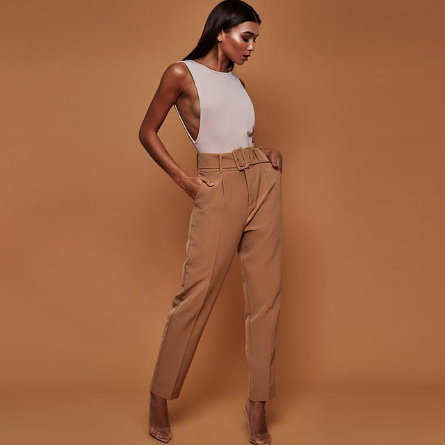 High Waist Belted Straight Leg Slacks For Ladies W