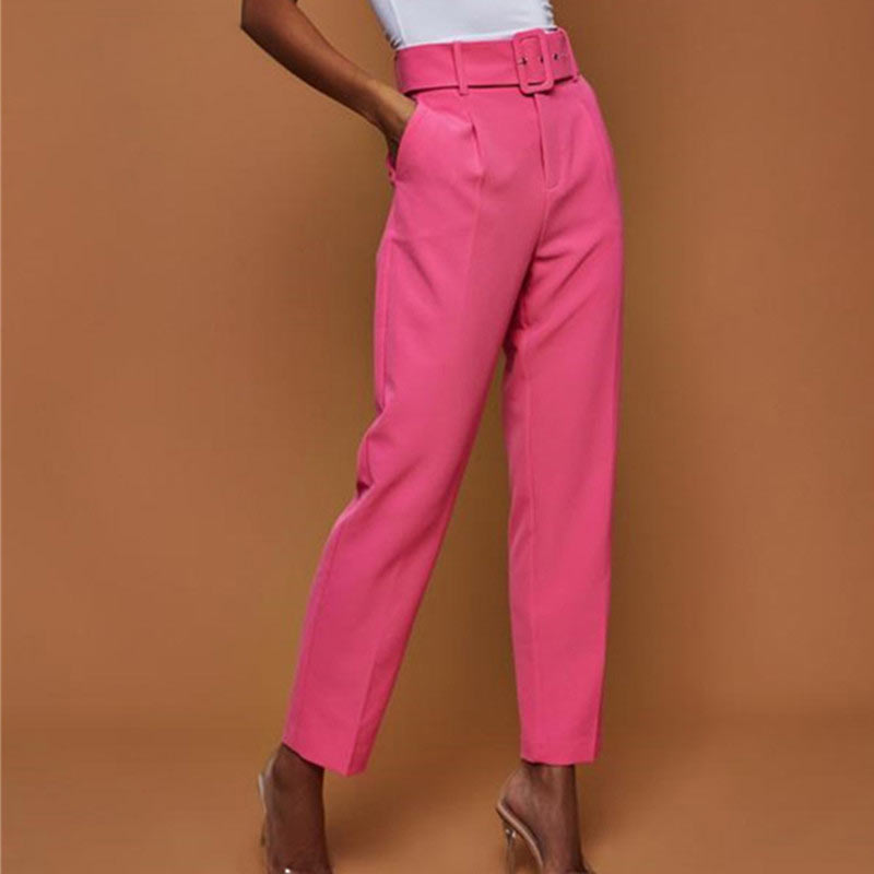 High Waist Belted Straight Leg Slacks For Ladies W