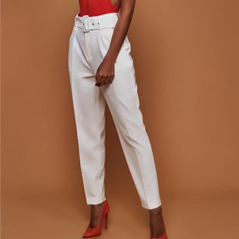 High Waist Belted Straight Leg Slacks For Ladies W