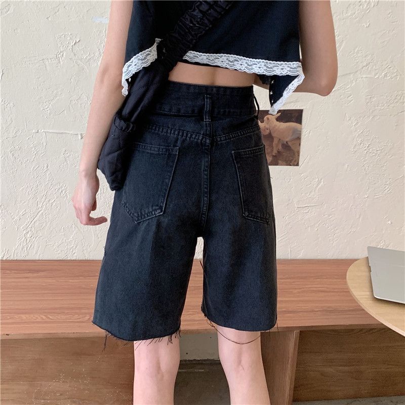 Women Black Ripped Straight Jeans Korean High-Waisted Skinny Irregular Hem Five-Point Hot Pants