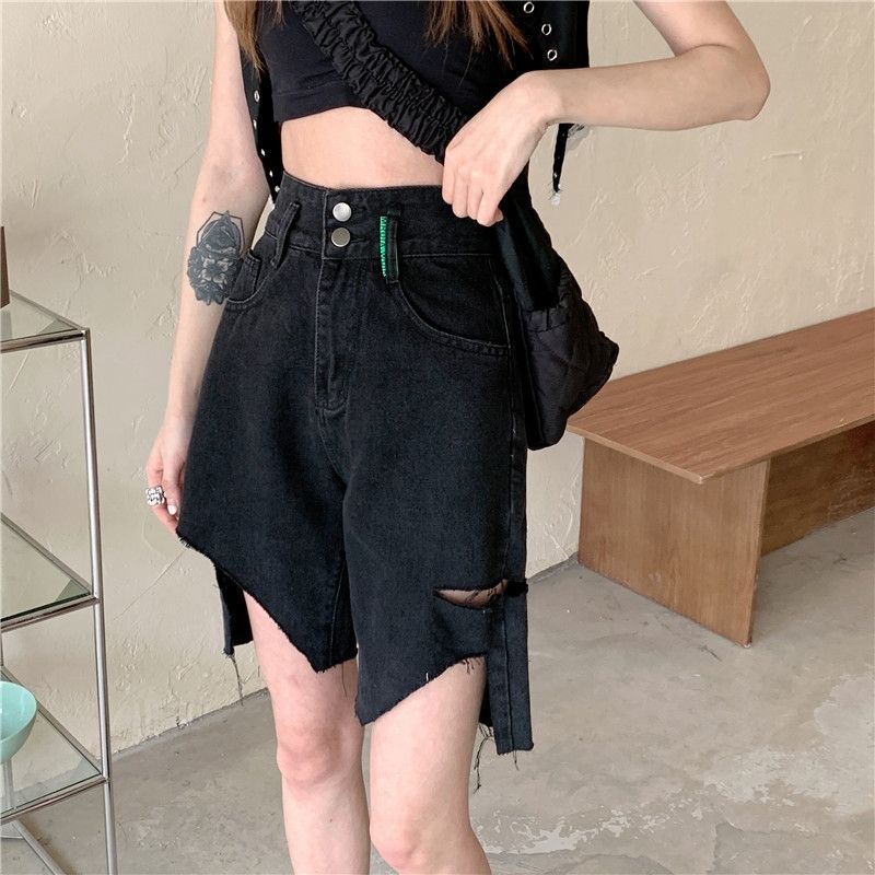 Women Black Ripped Straight Jeans Korean High-Waisted Skinny Irregular Hem Five-Point Hot Pants