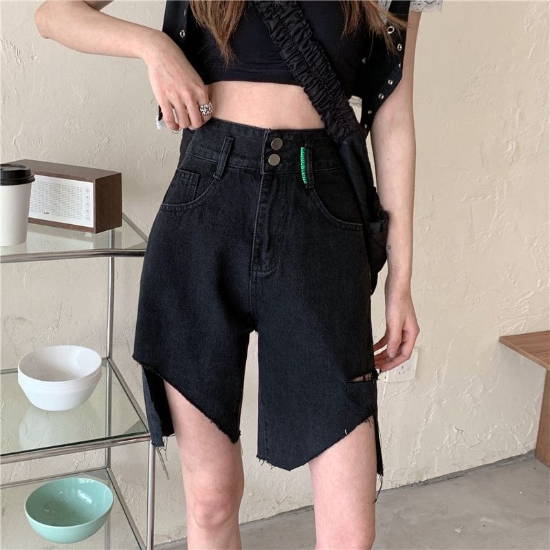 Women Black Ripped Straight Jeans Korean High-Waisted Skinny Irregular Hem Five-Point Hot Pants
