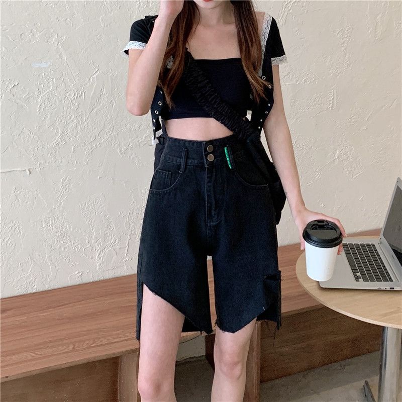 Women Black Ripped Straight Jeans Korean High-Waisted Skinny Irregular Hem Five-Point Hot Pants