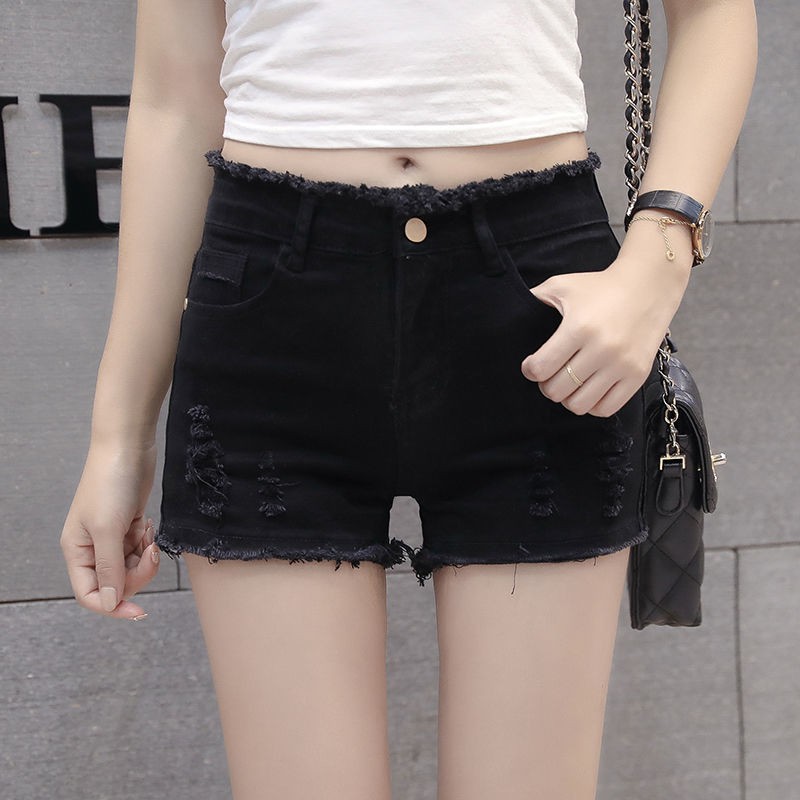 Ready Stock Women Mid waist Denim Shorts Tight Waistlines With Hole Wide-leg Pants Elastic Denim Pan