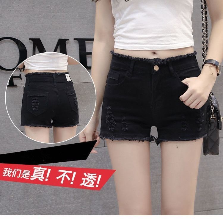 Ready Stock Women Mid waist Denim Shorts Tight Waistlines With Hole Wide-leg Pants Elastic Denim Pan
