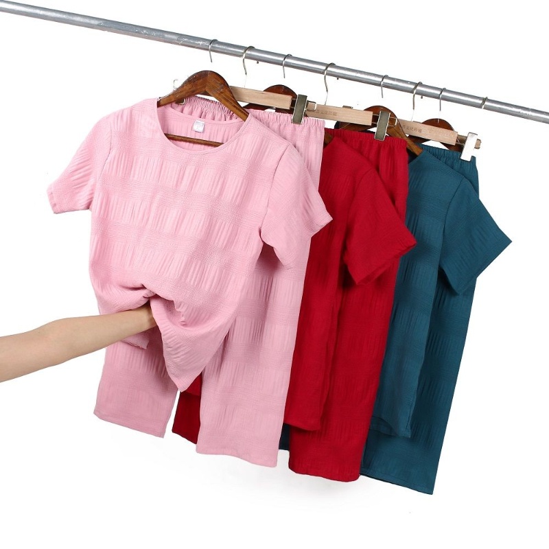 【SET】Summer Ladies Short Sleeve Cropped Pants Loose Plus Size Casual Suit Women