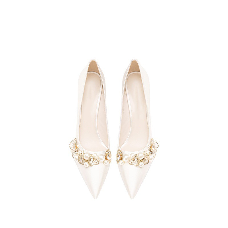 New design formal Pointed toe Classic Leather Women high heels unique banquet Pearl Decoration Women