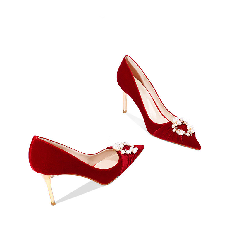 New design formal Pointed toe Classic Leather Women high heels unique banquet Pearl Decoration Women