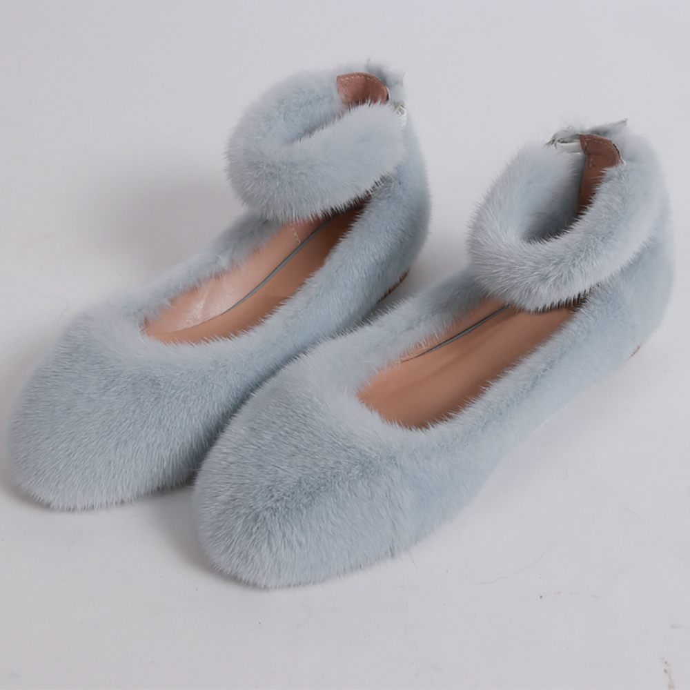 high quality women's flats real mink fur flats shoes lady fur flat shoes