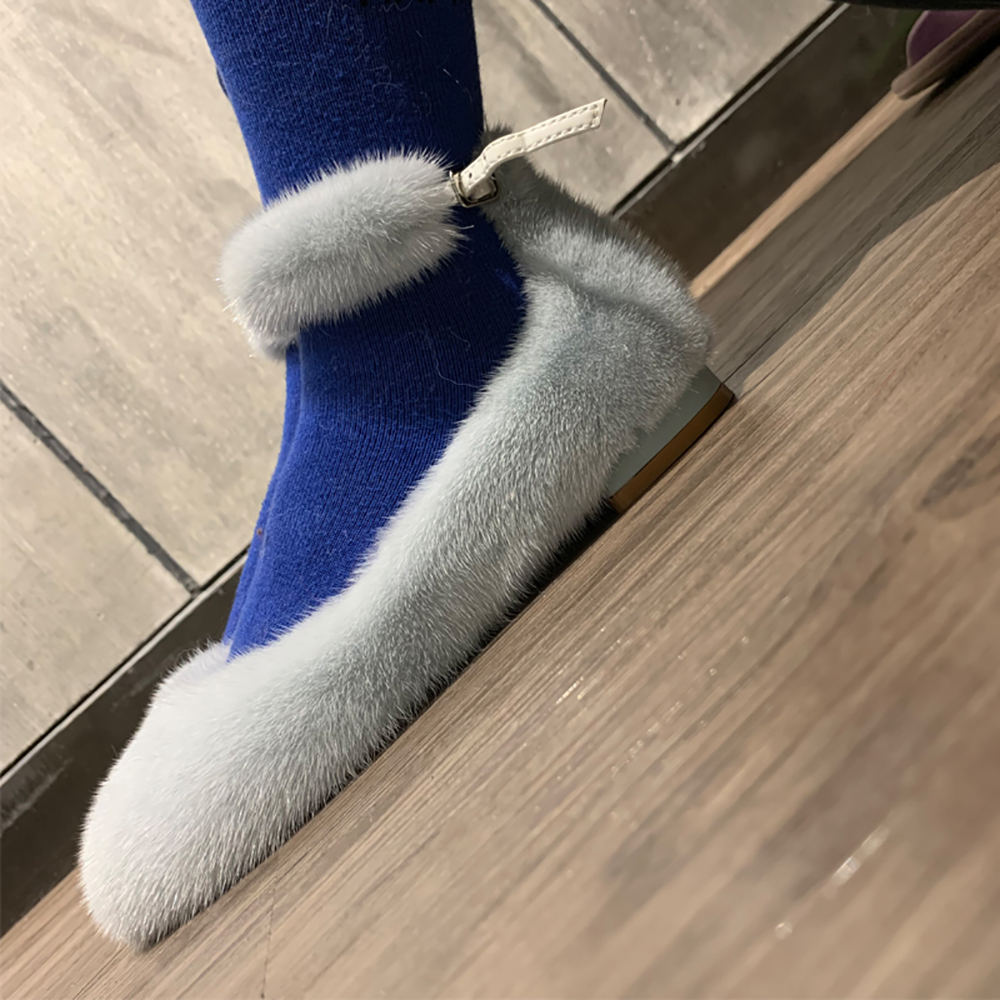 high quality women's flats real mink fur flats shoes lady fur flat shoes