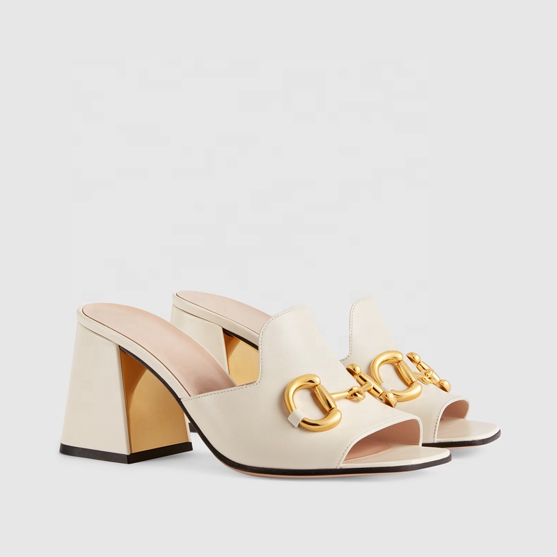 Ladies Horsebit Mules Low Square Thick Heel White 