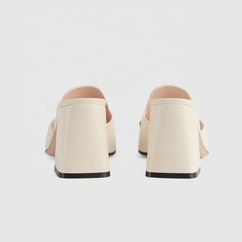 Ladies Horsebit Mules Low Square Thick Heel White 
