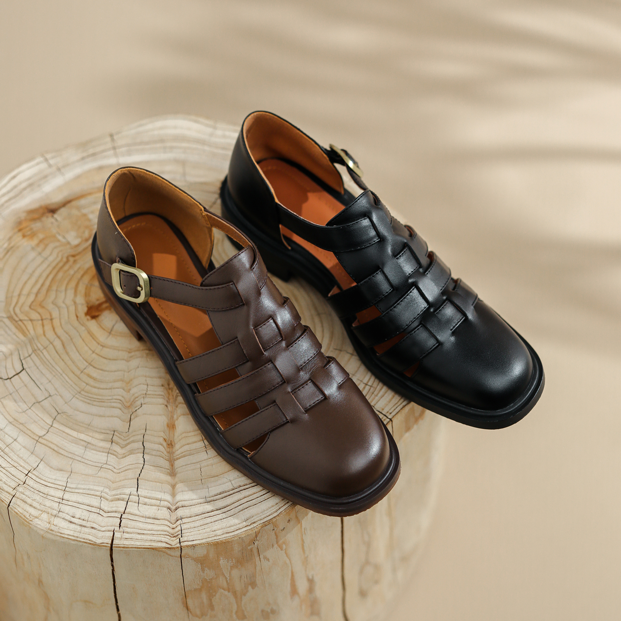 New Arrival Roman Style Round Toe Buckle Strap Lea