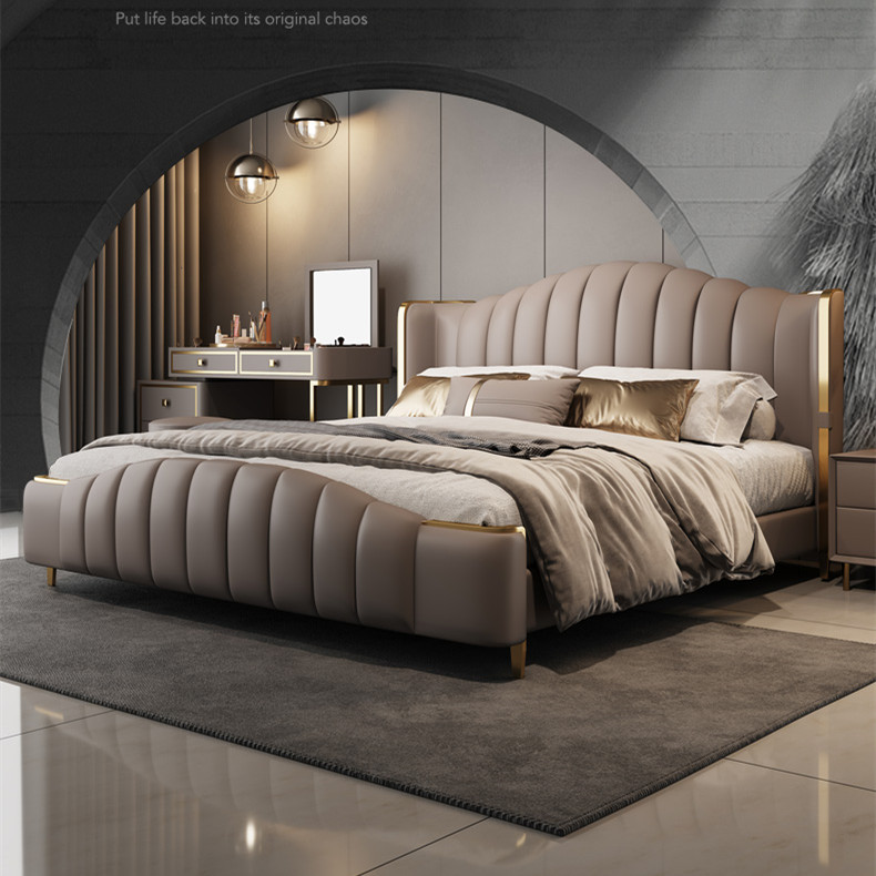 HYC-M1191-2 Genuine Leather brown shell headboard  modern hotel king size bed bedroom furniture