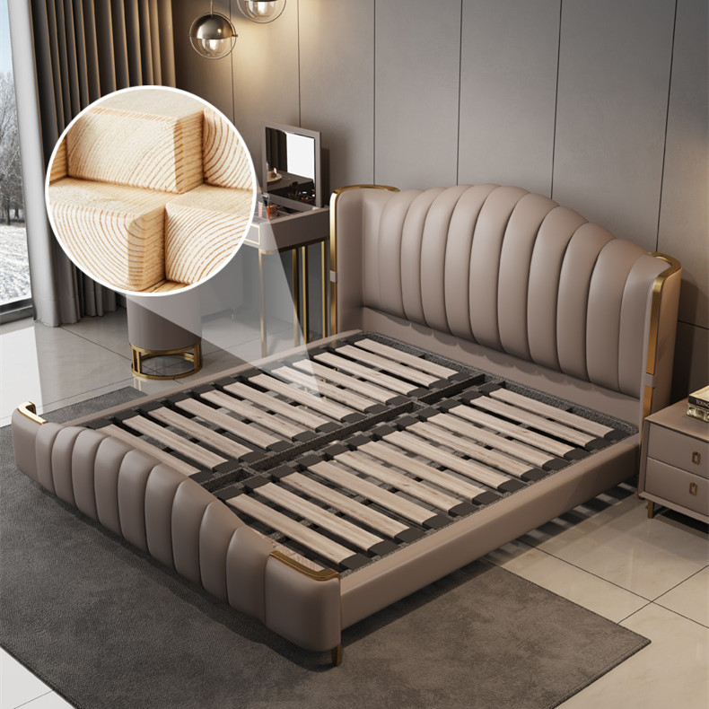 HYC-M1191-2 Genuine Leather brown shell headboard  modern hotel king size bed bedroom furniture