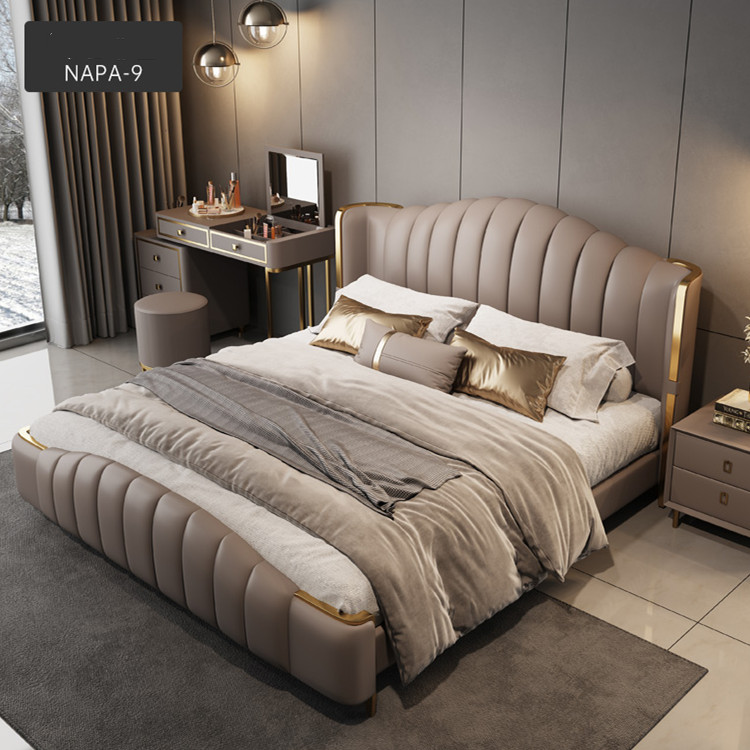 HYC-M1191-2 Genuine Leather brown shell headboard  modern hotel king size bed bedroom furniture