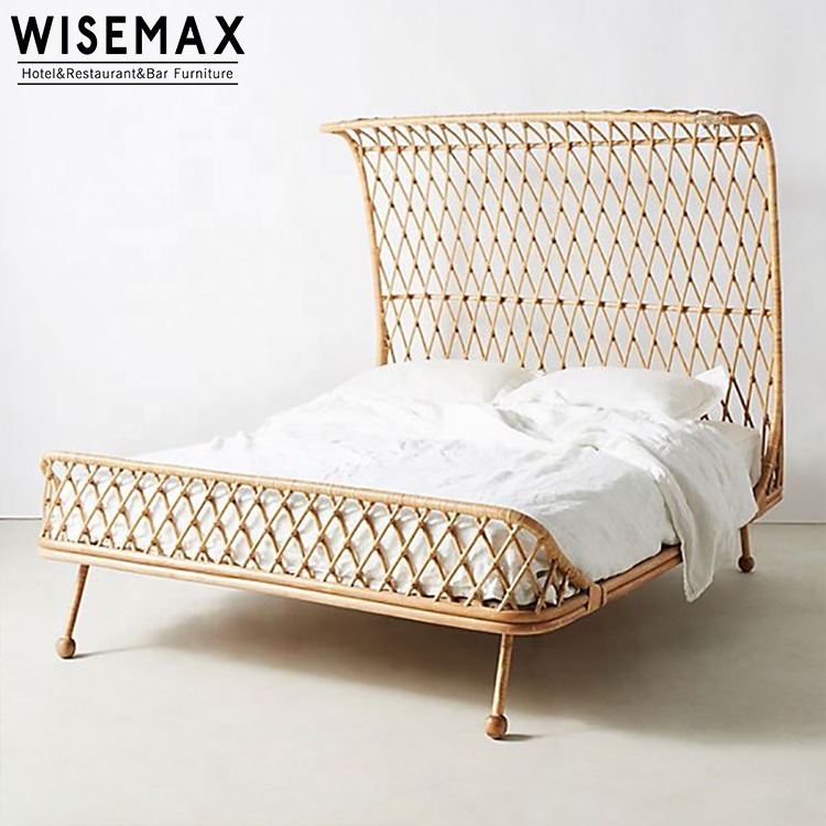 Hot Sale Nature Design With High Rattan Headboard Modern King Size Bed Frame For Hotel Bedroom Furni