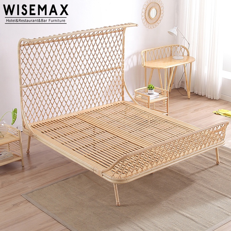 Hot Sale Nature Design With High Rattan Headboard Modern King Size Bed Frame For Hotel Bedroom Furni