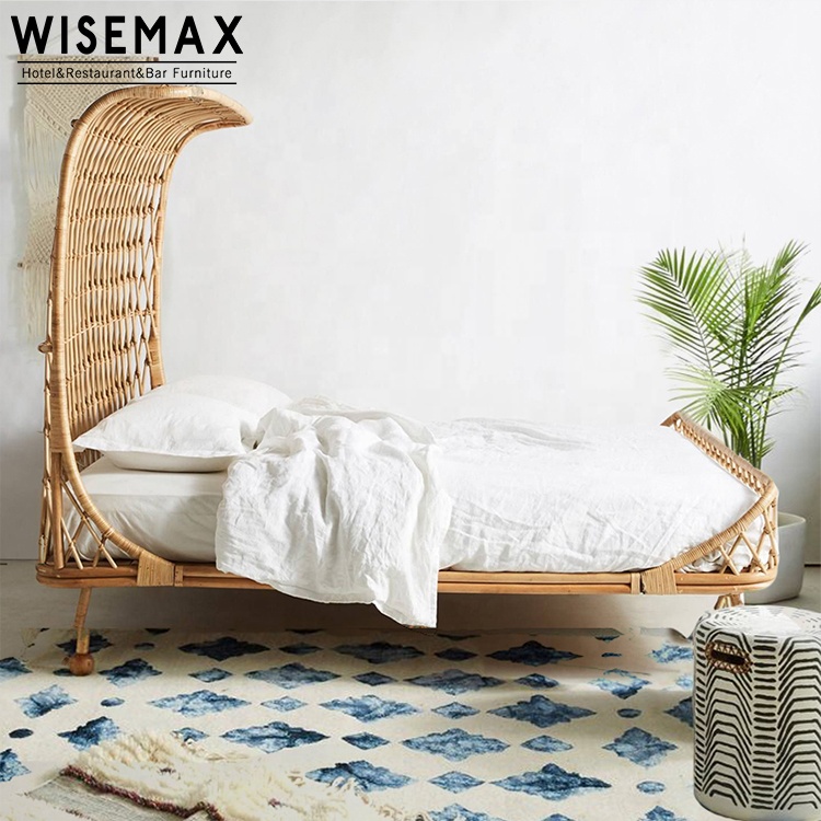 Hot Sale Nature Design With High Rattan Headboard Modern King Size Bed Frame For Hotel Bedroom Furni