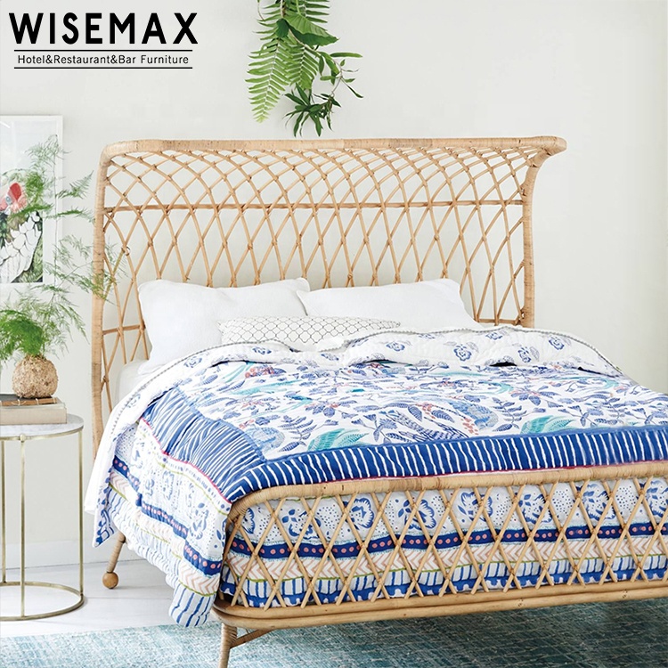 Hot Sale Nature Design With High Rattan Headboard Modern King Size Bed Frame For Hotel Bedroom Furni