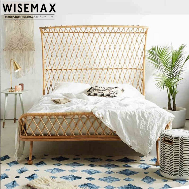 Hot Sale Nature Design With High Rattan Headboard Modern King Size Bed Frame For Hotel Bedroom Furni
