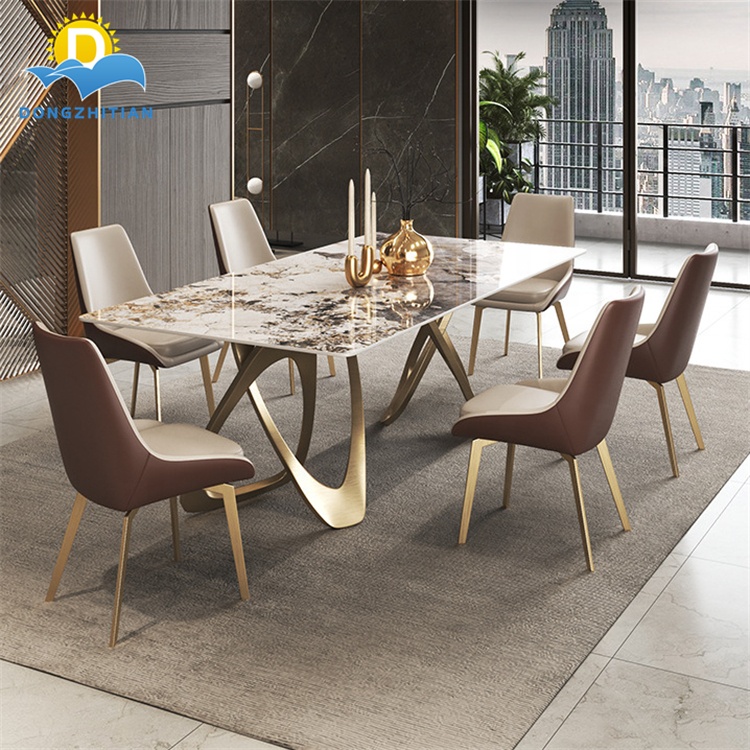 Light Luxury Style Marble Dining Table Set Modern Pattern Slate Dining Tables 8 Seats Chairs Home Fu
