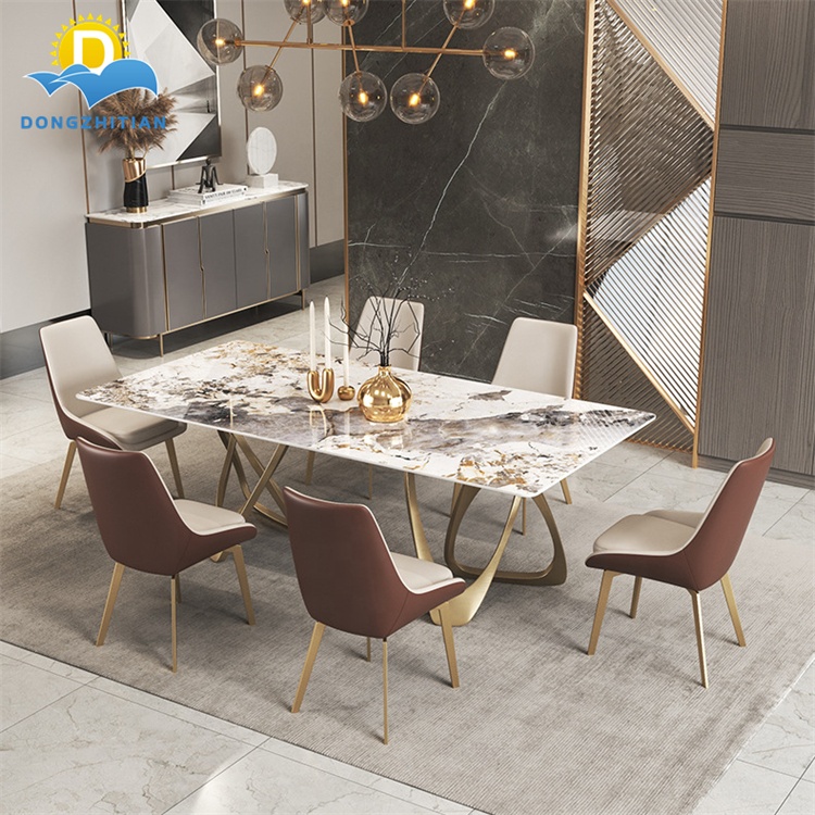 Light Luxury Style Marble Dining Table Set Modern Pattern Slate Dining Tables 8 Seats Chairs Home Fu