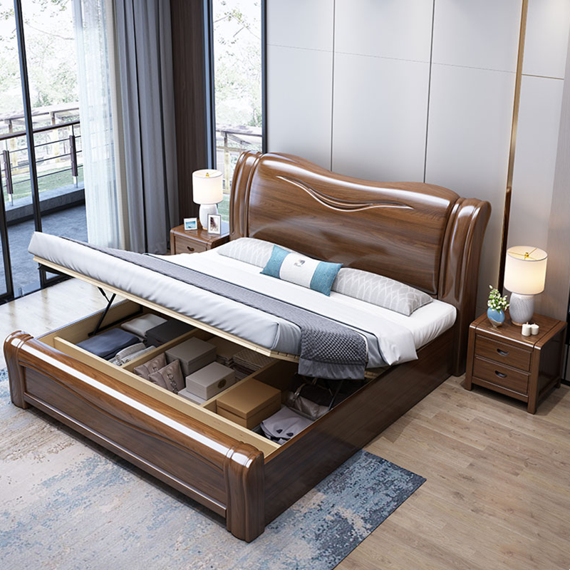 Walnut Solid Wood Bed Simple Double High Box Storage Double King Bed Bedroom Furniture