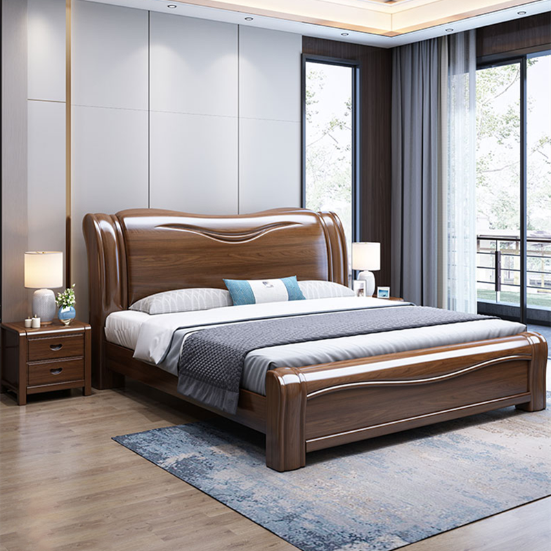 Walnut Solid Wood Bed Simple Double High Box Storage Double King Bed Bedroom Furniture