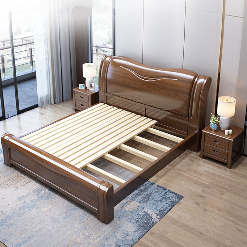 Walnut Solid Wood Bed Simple Double High Box Storage Double King Bed Bedroom Furniture