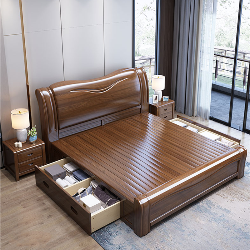 Walnut Solid Wood Bed Simple Double High Box Storage Double King Bed Bedroom Furniture