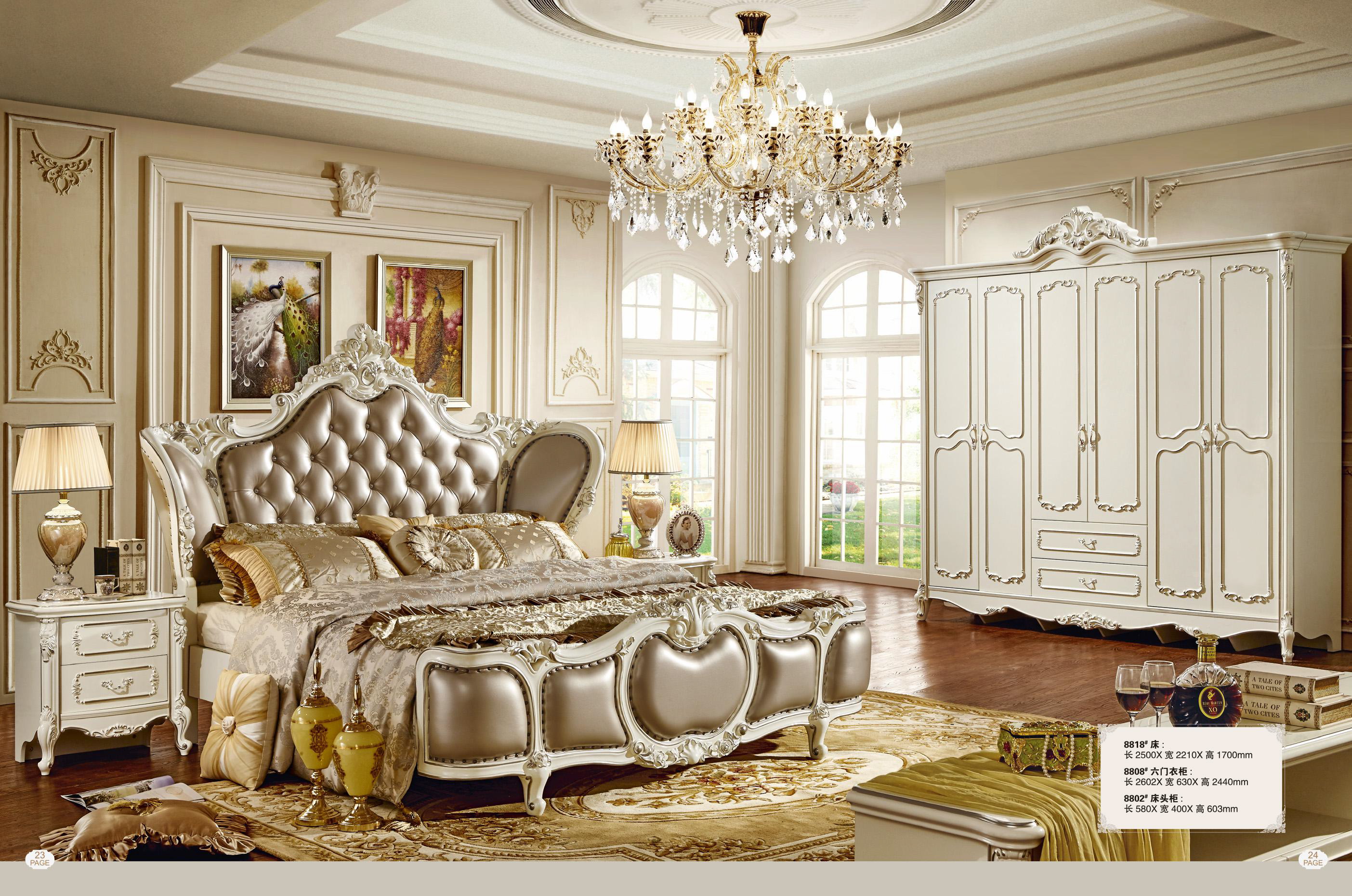 High end golden color Luxury villa bedroom set home bed room furniture king size carved royal bedroo
