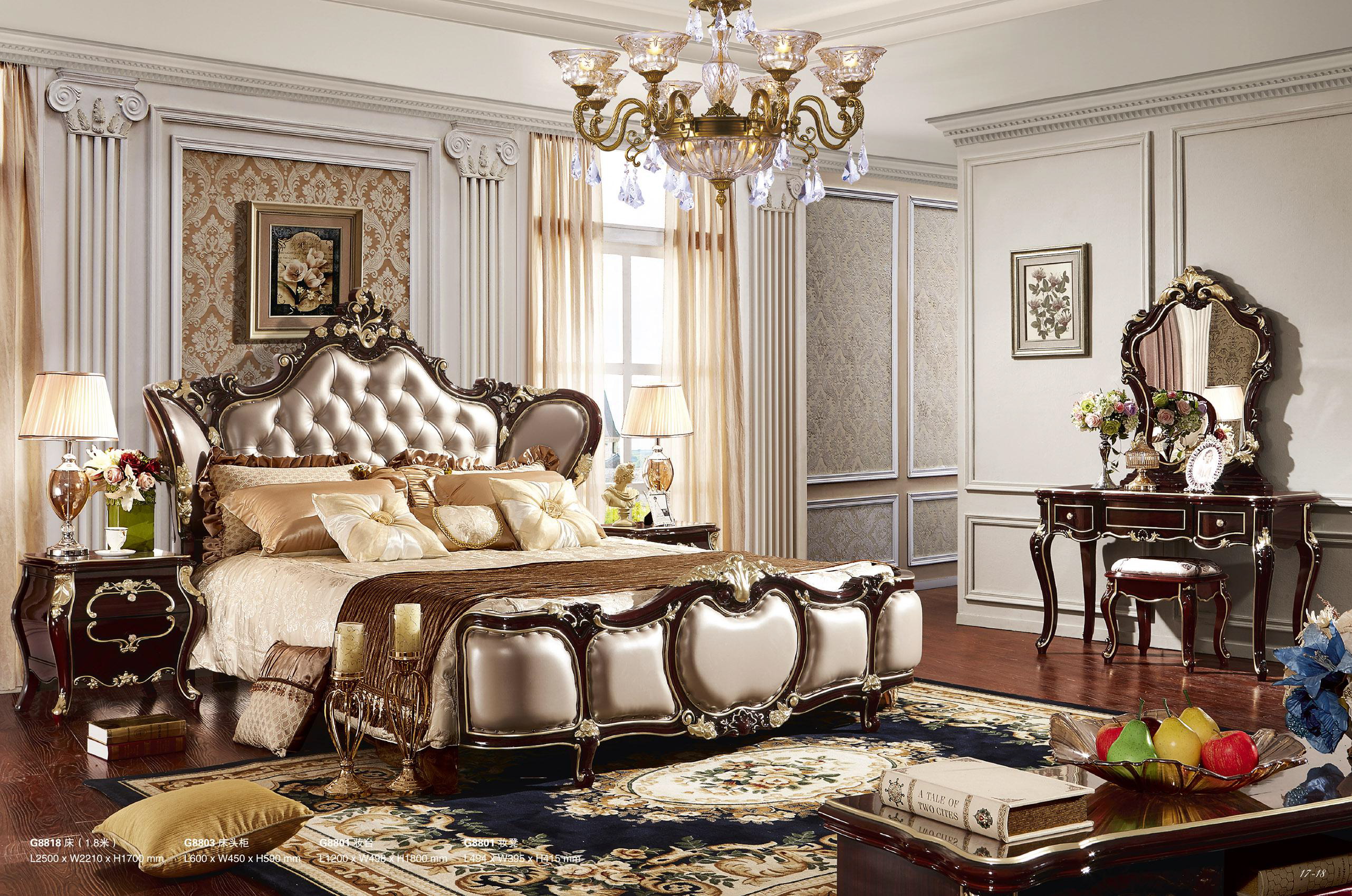 High end golden color Luxury villa bedroom set home bed room furniture king size carved royal bedroo