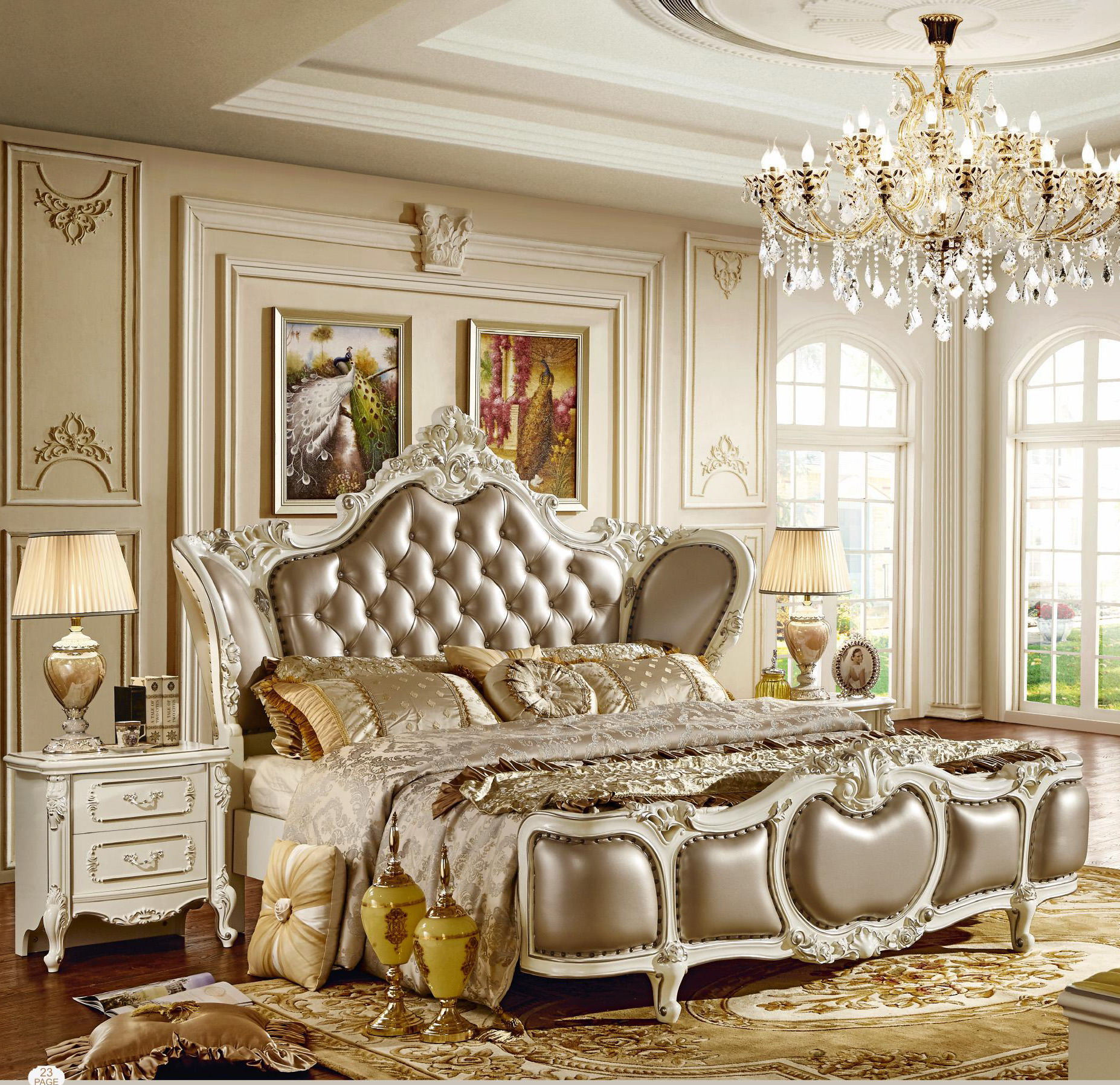 High end golden color Luxury villa bedroom set home bed room furniture king size carved royal bedroo