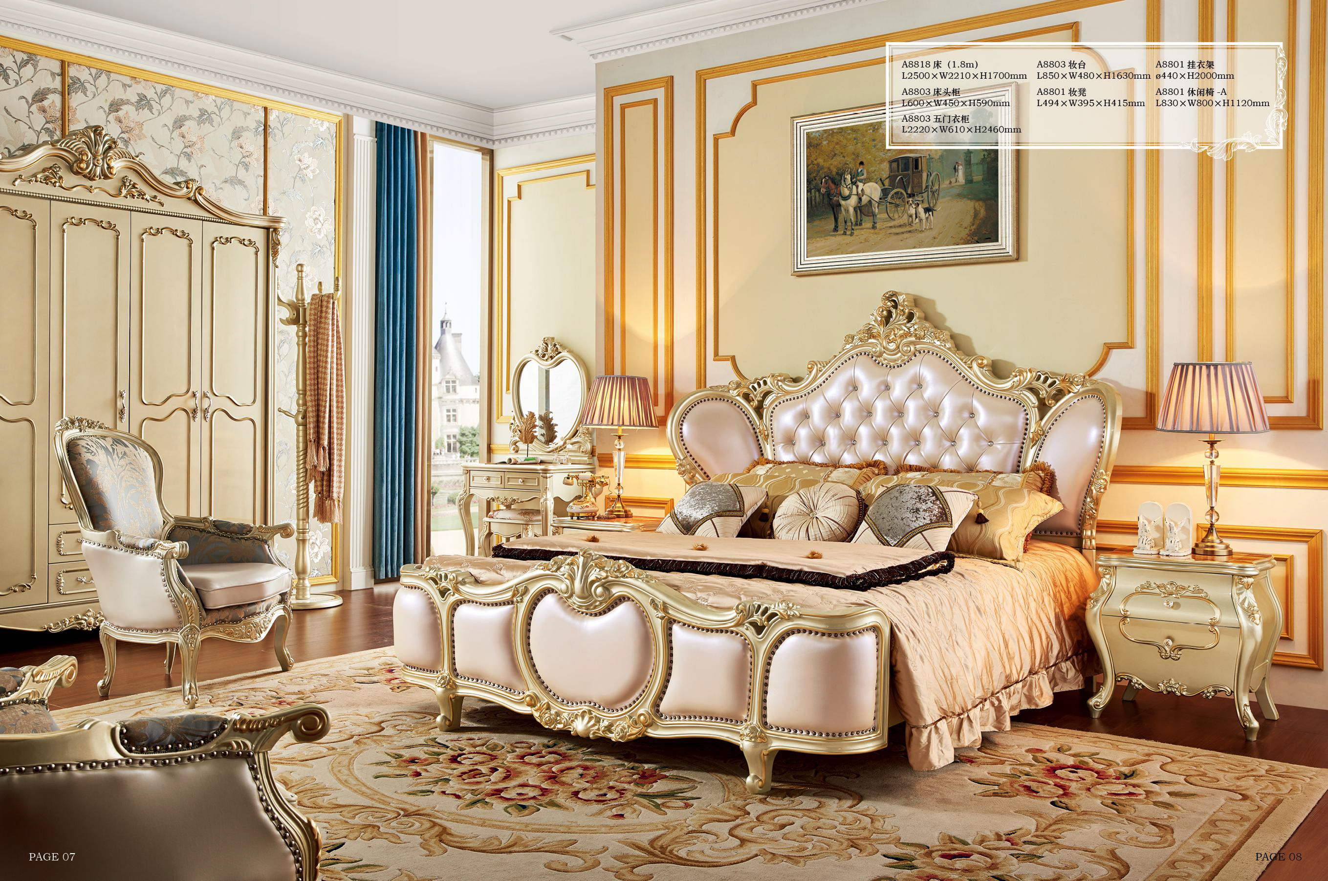 High end golden color Luxury villa bedroom set home bed room furniture king size carved royal bedroo